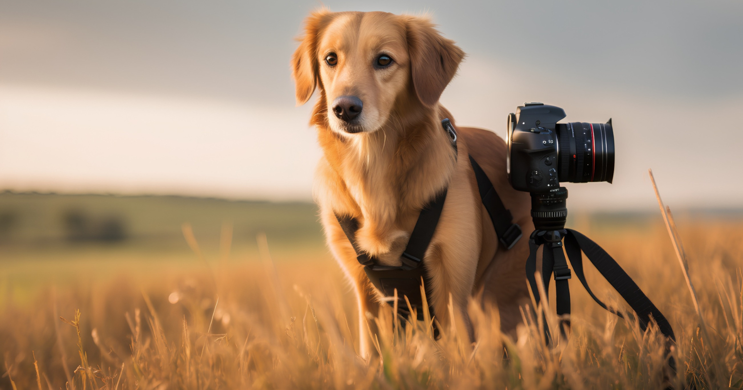 A képen egy kutya látható a búzamezőn mellette fényképezőgép.