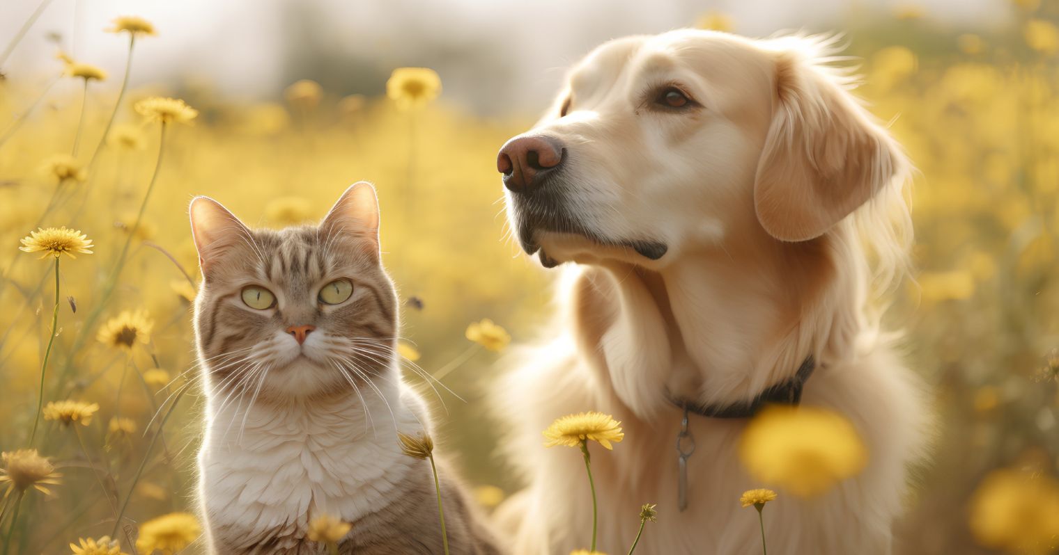 A képen egy kutya és egy macska ülnek egymás mellett