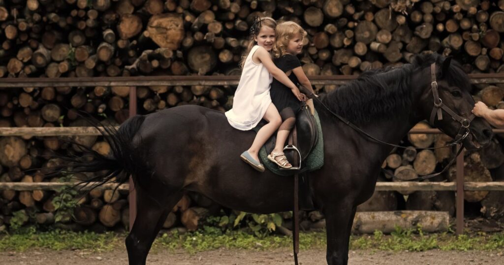 A képen egy lovon ül két kisgyerek