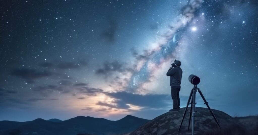 A képen a csillagos ég háttere előtt egy amatőr csillagász áll egy teleszkóppal