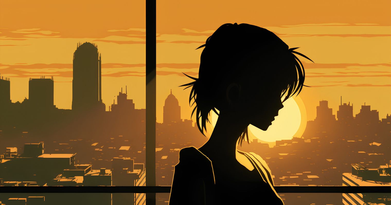 A képen egy lány sziluettje látszik, mögötte a felkelő nap, és egy város látképe