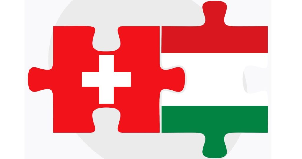 a képen a svájci és a magyar zászlók szerepelnek két egymásba illeszkedő puzzle darabon