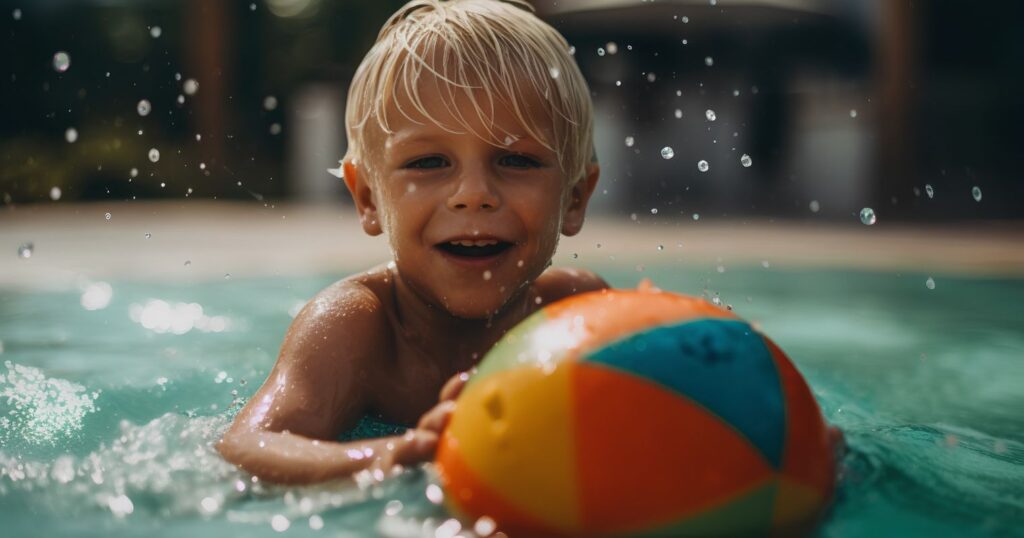 A képen egy kisgyerek egy gumilabdával játszik a vízben