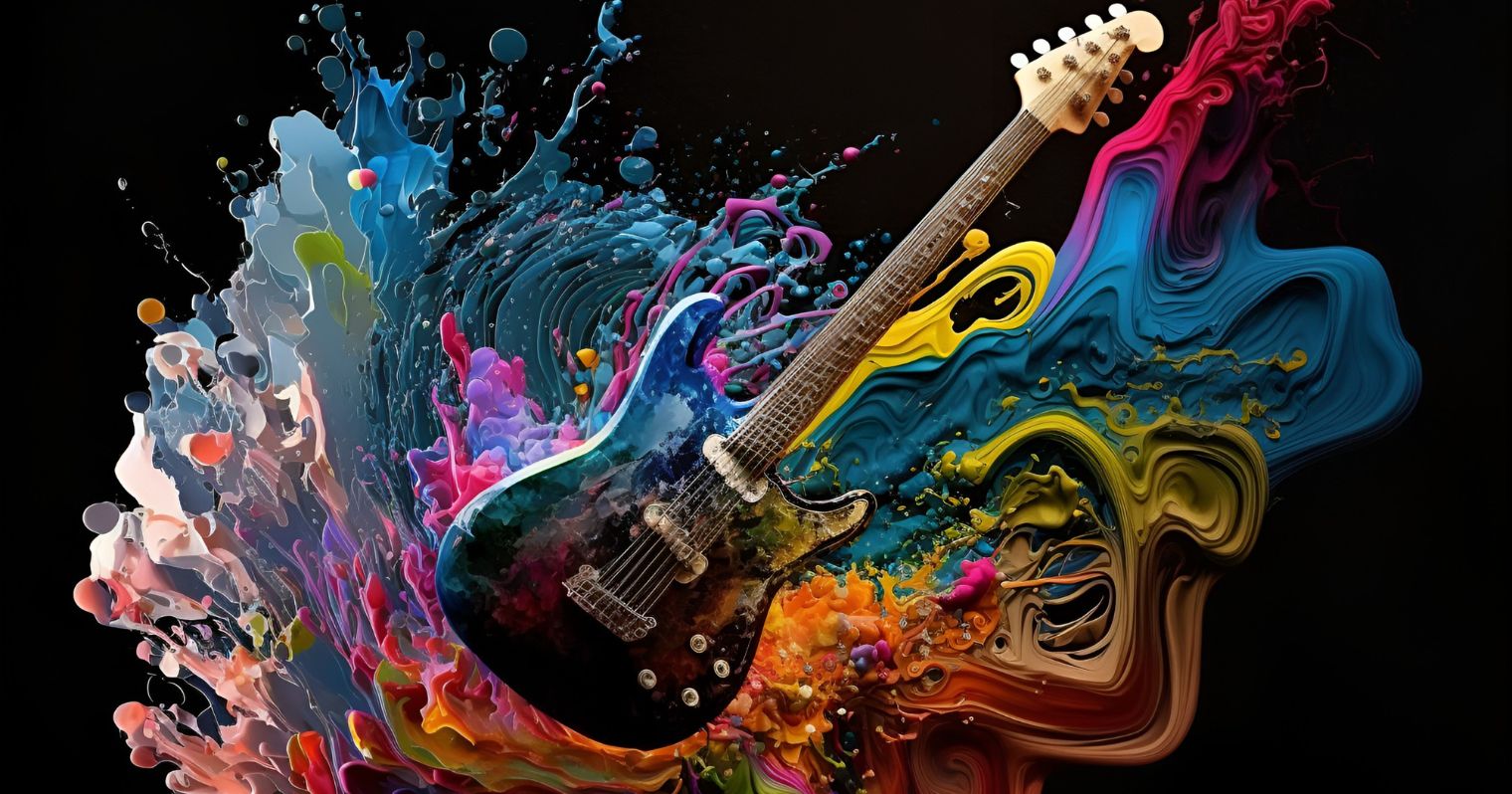 A képen egy elektronikus gitár van, körülötte színes pacák