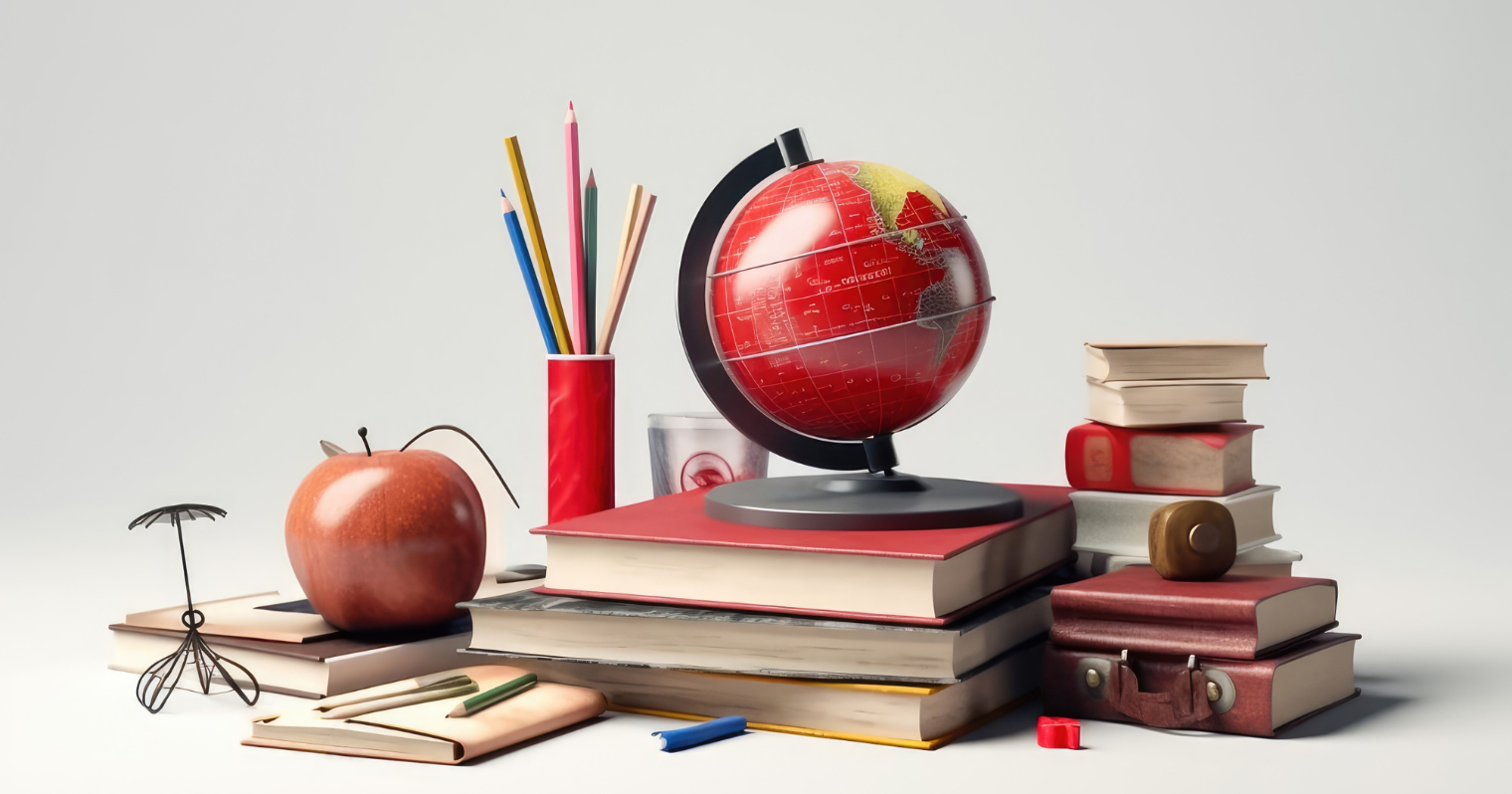 Alapvető tanszerek gyűjteménye látható a képen: a globális tanulást jelképező földgömbtől a tudást szimbolizáló könyvekig, ceruzákig.