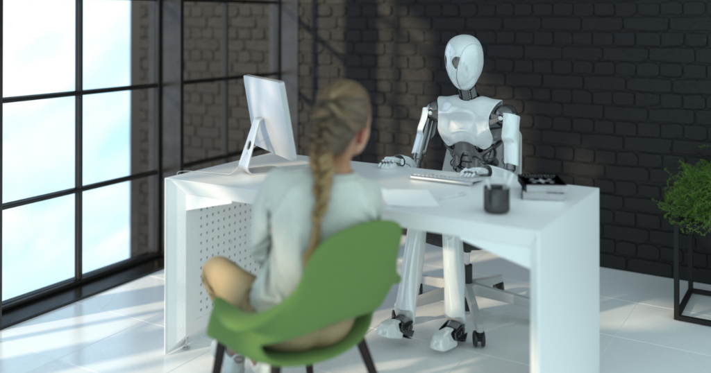 A képen egy robot interjúztat egy fiatal álláskeresőt.