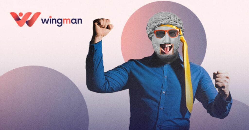 A képen a Wingman app reklámja látható, egy férfi grafikákkal díszítve