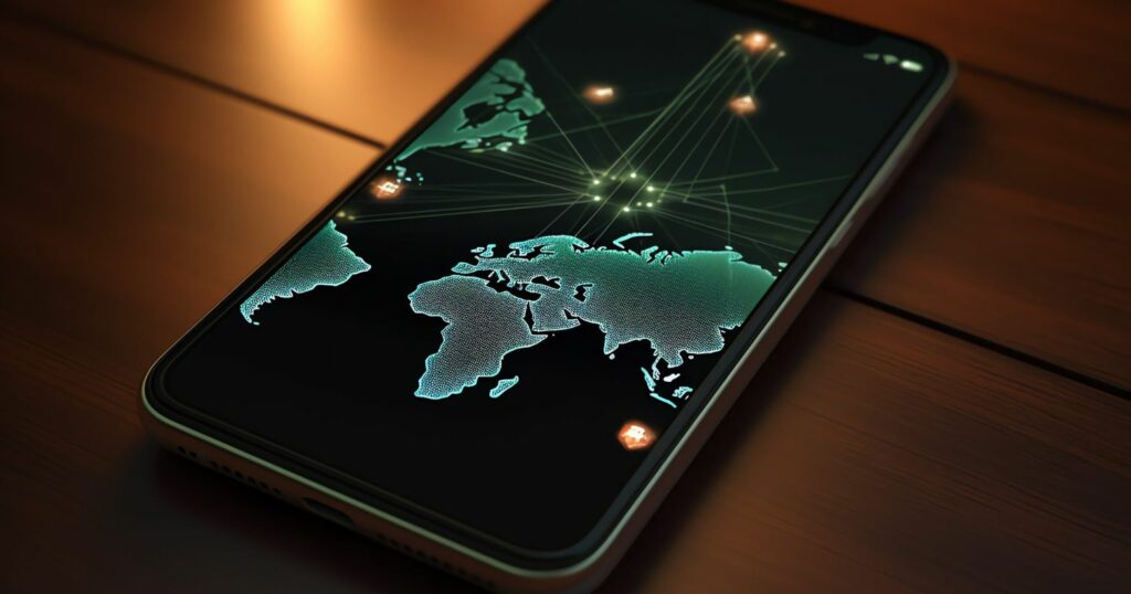 A képen egy mobil látható, a kijelzőjén a világtérkép