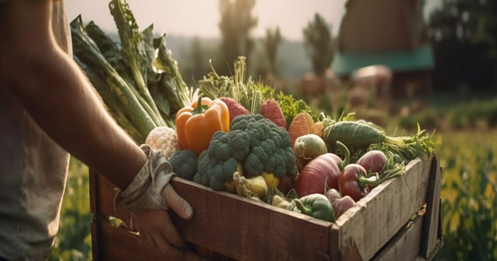 A képen egy emberi kéz látható, ami egy ládát tart, amiben sok zöldség látható
