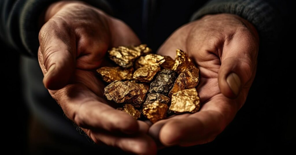 A képen egy bányász tenyerében aranyrögök láthatók