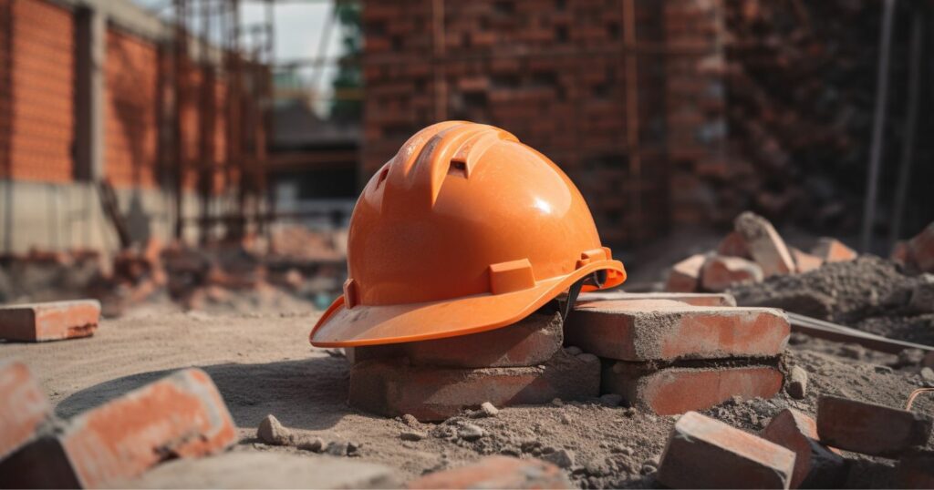 A képen egy építkezés látható, téglákon egy munkavédelmi sisak szerepel
