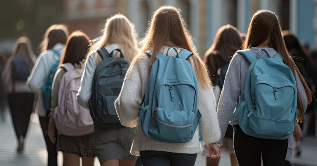 A képen több diáklány látható hátulról, ahogyan iskolatáskát cipelve iskolába menek