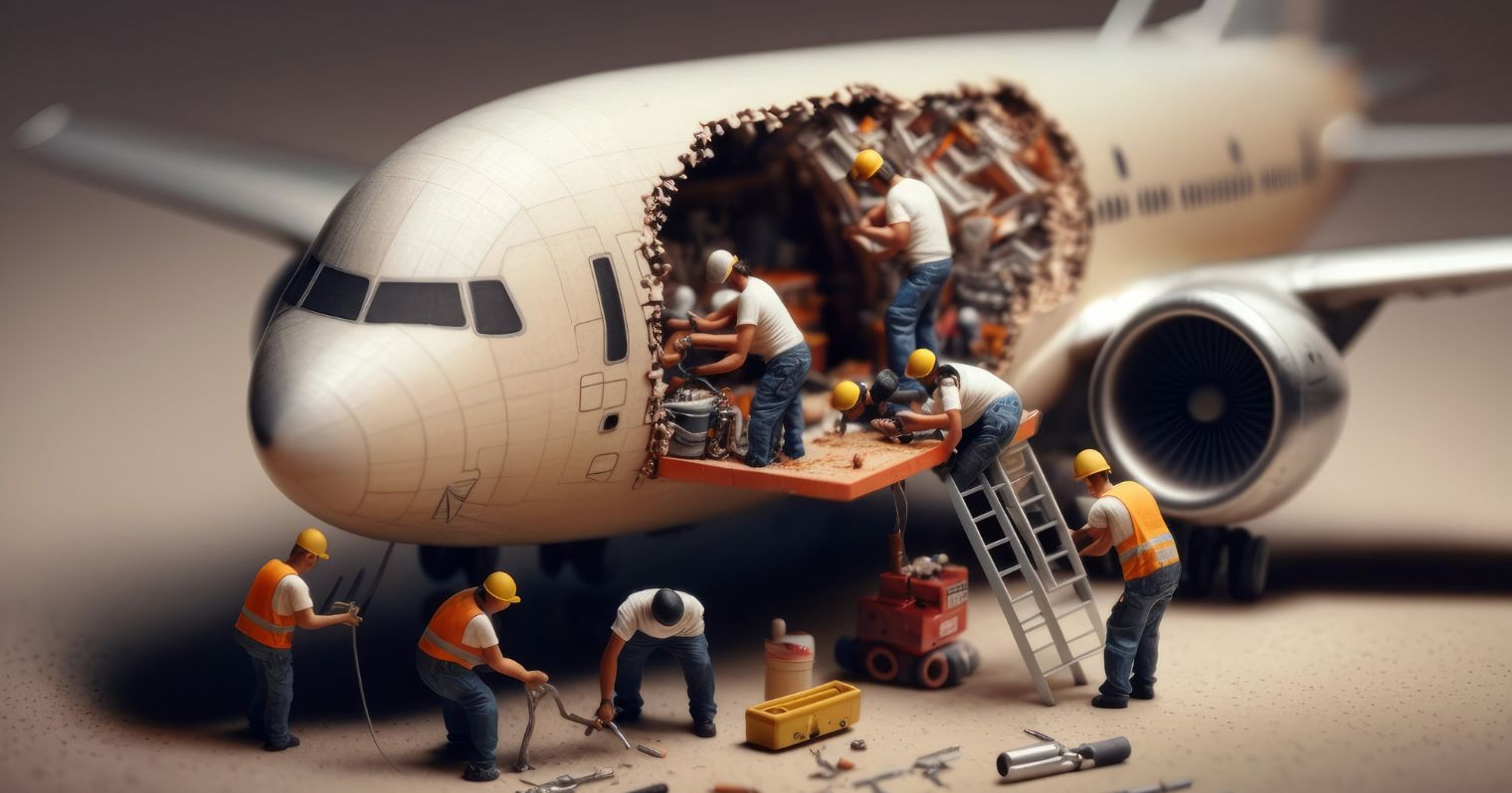 A képen egy repülőgép maketten dolgoznak makett figurák, technikus figurák.