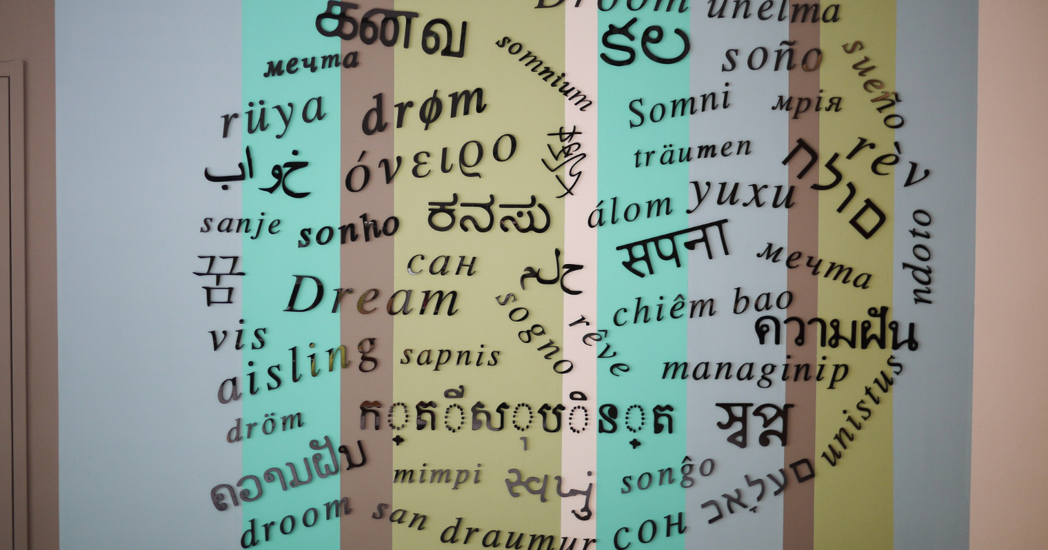 Szófelhő, amelyben az álom szó különböző nyelveken látszik.