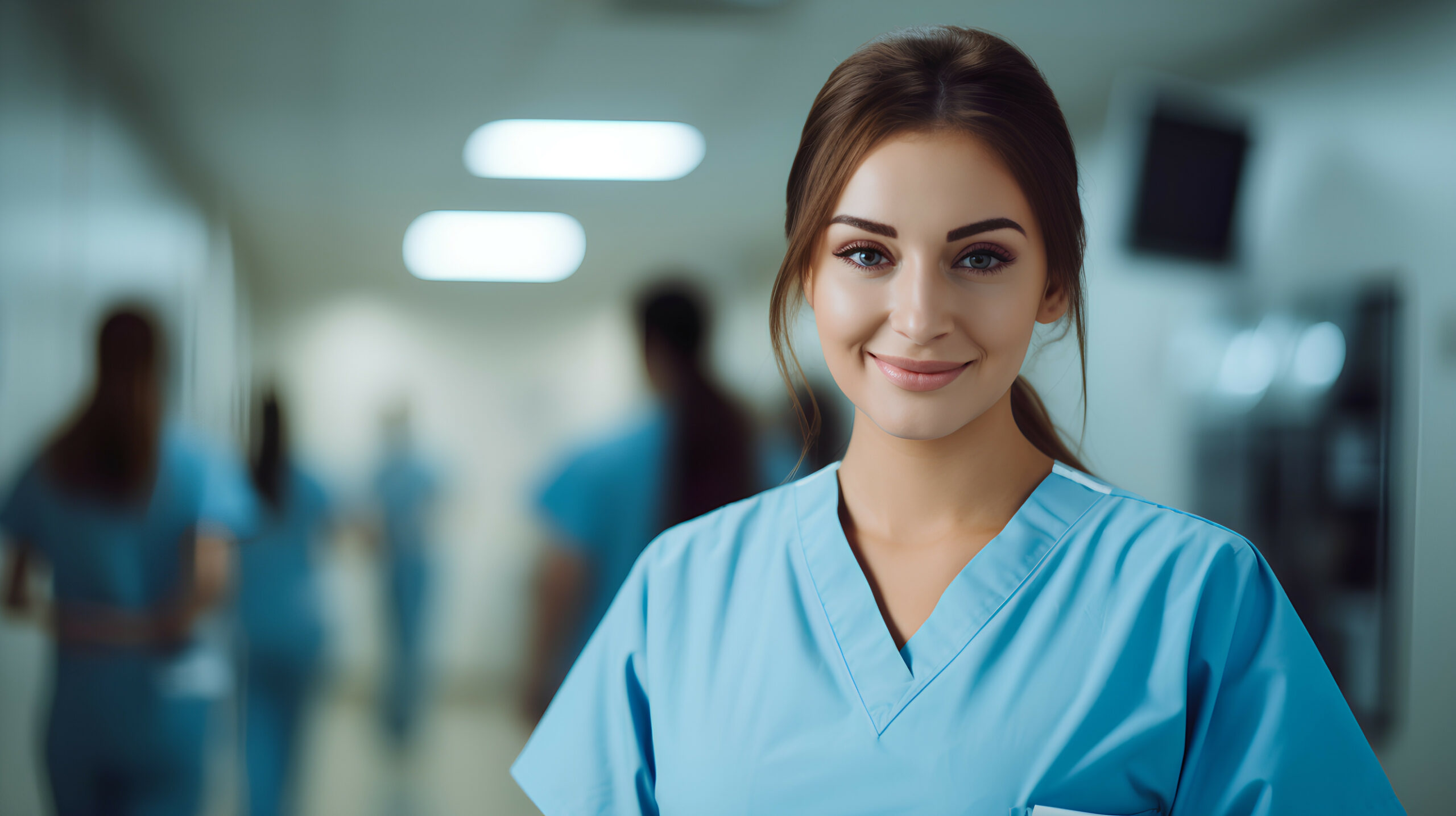 Portré egy kék ápoló ruhában lévő lányról, háttérben homályosan egy kórház folyosója látszódik orvosokkal, ápolókkal és segédápolókkal.