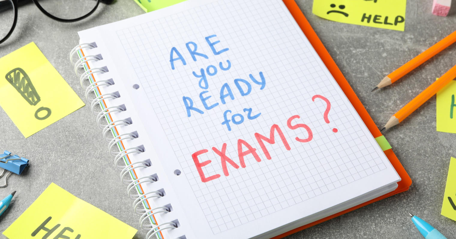 A képen egy füzet látható are you ready for exams felirattal.