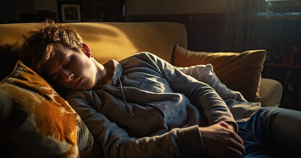 Kanapén fekvő fiatal férfi, rásüt a nap alvás közben.