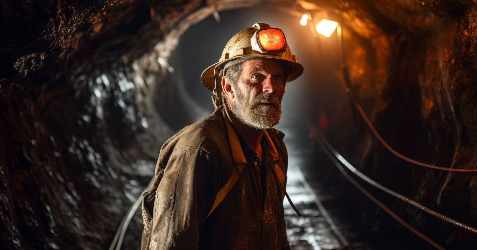 Bánya alagútjában áll egy idős bányász, vagy bányamérnök, bányász ruhában, lámpás munkavédelmi sapkában.
