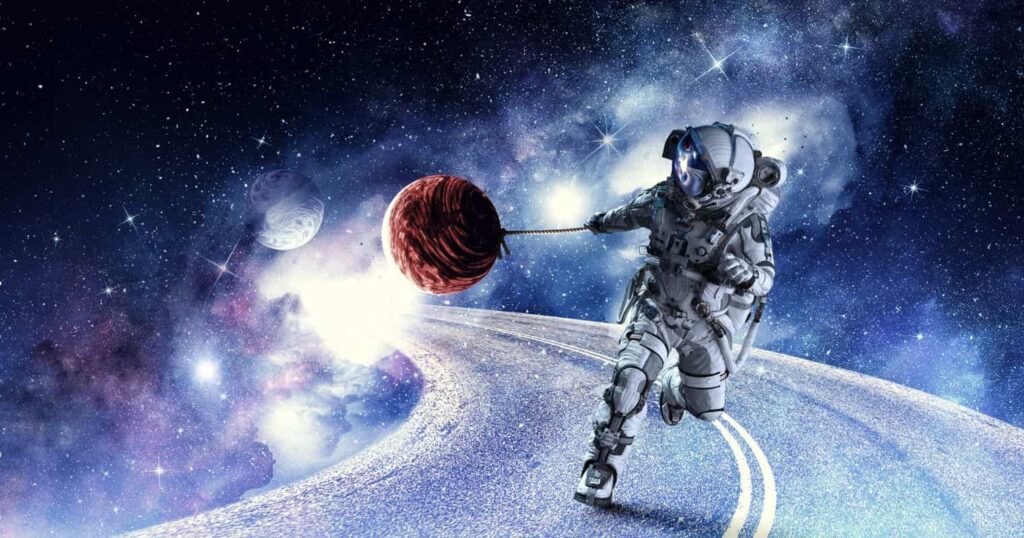A képen az űrben egy autóút tekereg, rajta egy asztronauta fut, maga után húz egy bolygót egy madzaggal