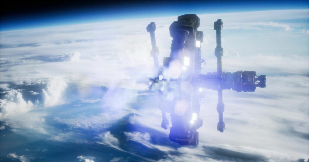 A képen az űrből egy űrállomás látható, mögötte a Föld és a légkör