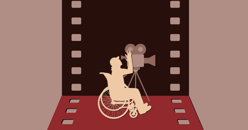 A kép a Magyar Speciális Filmfesztivál rendezvény kép részlete, diafilmen egy mozgássérült ember kamerával a kezében.