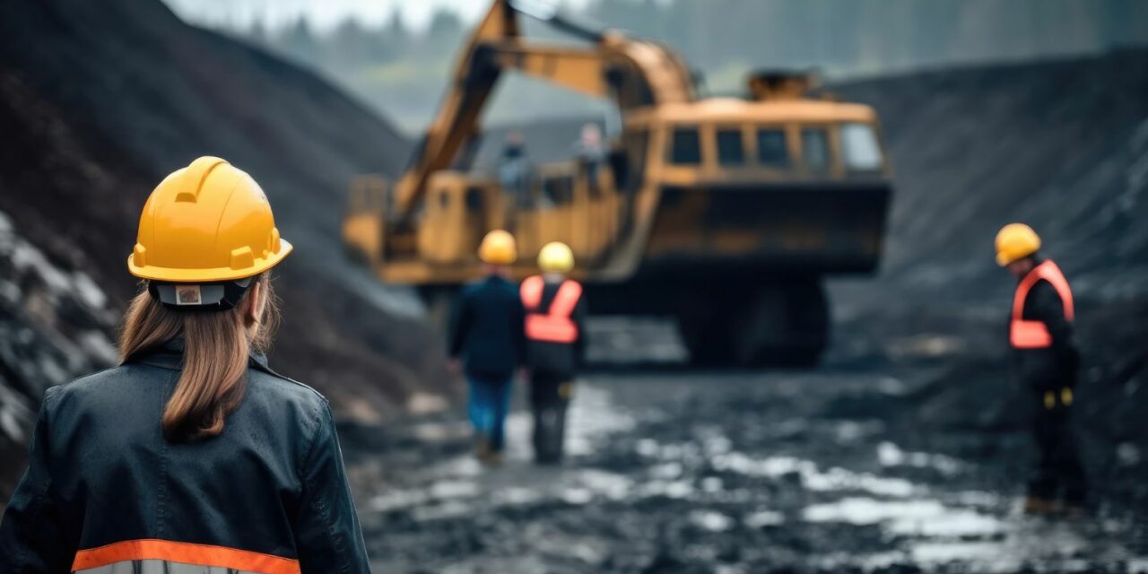 Munkaruhás nő háttal áll a kamerának, háttérben szénbánya munkásokkal és egy nagy munkagéppel.