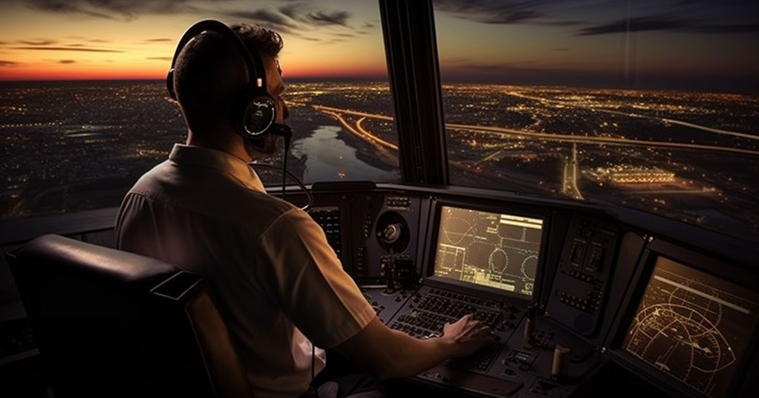 Légiforgalmi irányító ül éjszaka a toronyban a gép előtt, headsettel.