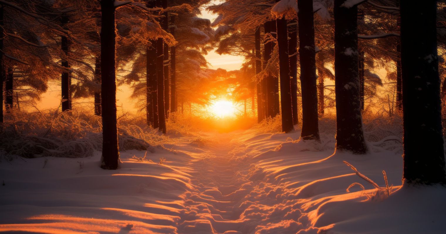 Téli havas erdő fasora között lemenő nap.