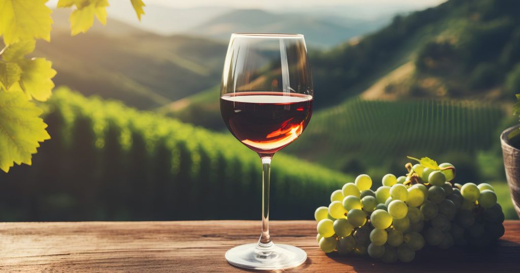 Pezsgőgyártó és borgyártó, boros üveg félig tele vörös borral, mellette egy szőlő, a háttérben szőlők.