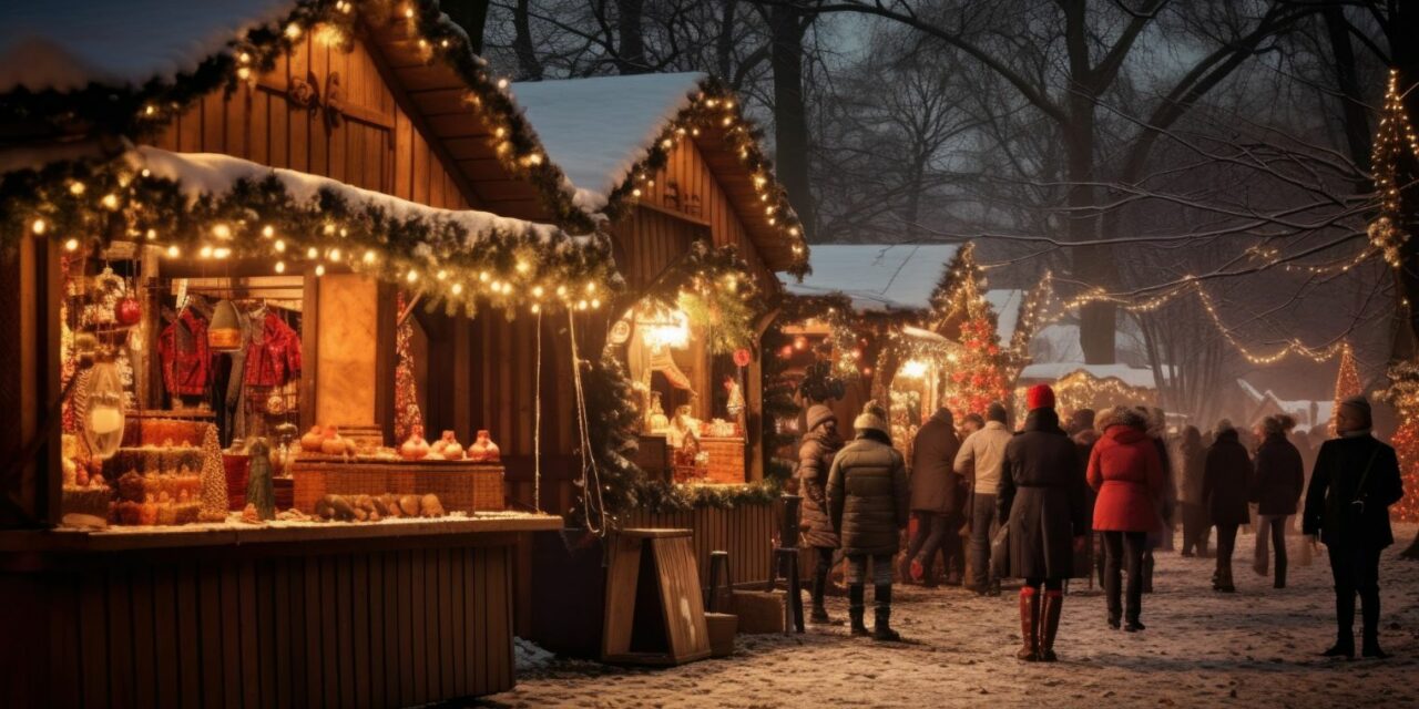 Karácsonyi vásár, téli, havas hangulattal, sötétedés után, kis fa bódékkal.