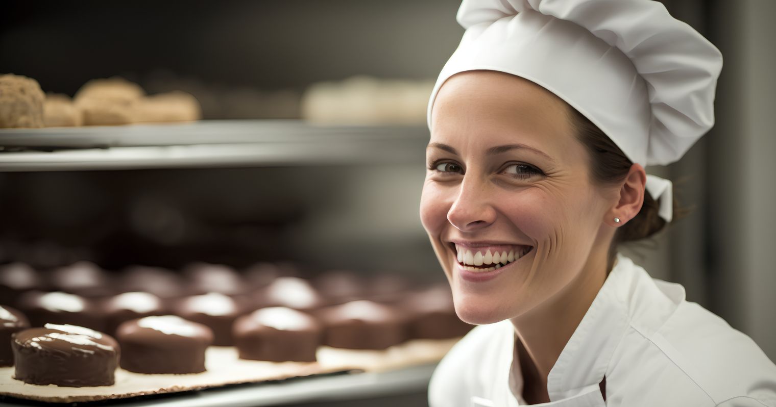 Sütő- és cukrászipari technikus mosolyog a kamerába egyenruhában, mellette frissen sült sütemények sorakoznak.