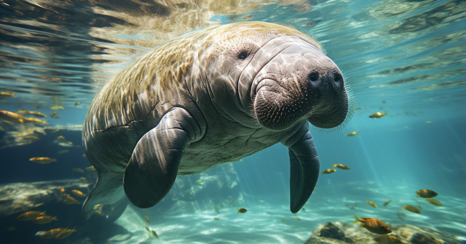 Víz alatt úszik egy uszonyos, turcsi orrú, barátságos kinézetű állat.