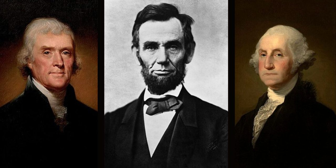 Thomas Jefferson, Abraham Lincoln és George Washington portréi egymás mellett.