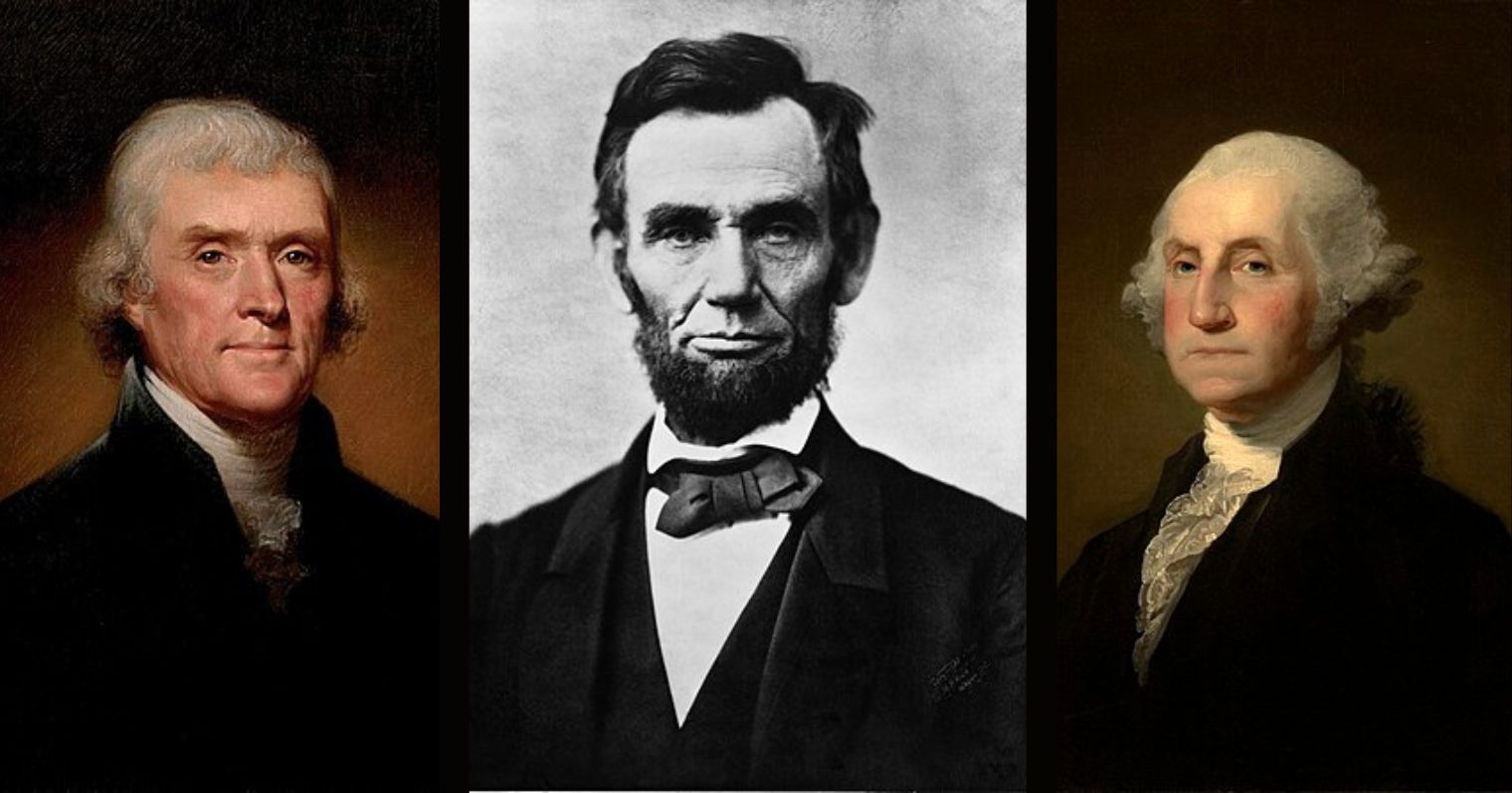 Thomas Jefferson, Abraham Lincoln és George Washington portréi egymás mellett.