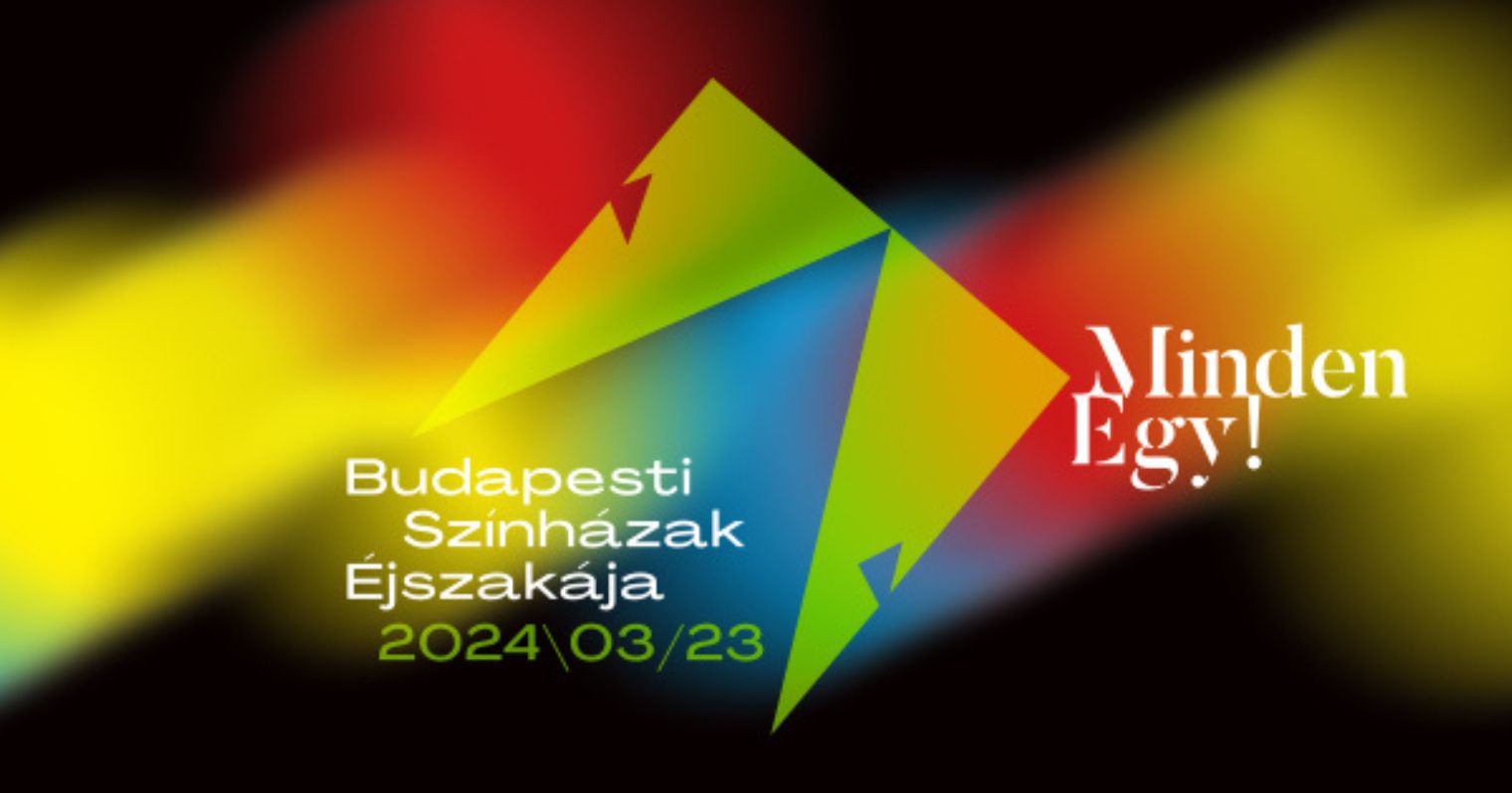 Budapesti Színházak Éjszakája logója és szlogenje, háttérben pedig fekete alapon elmosódott színes foltok.
