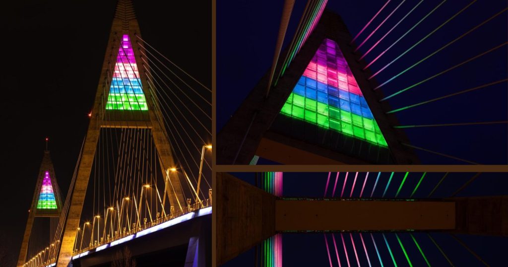 A Megyeri híd speciális díszvilágítással éjszaka, különböző szögekből.