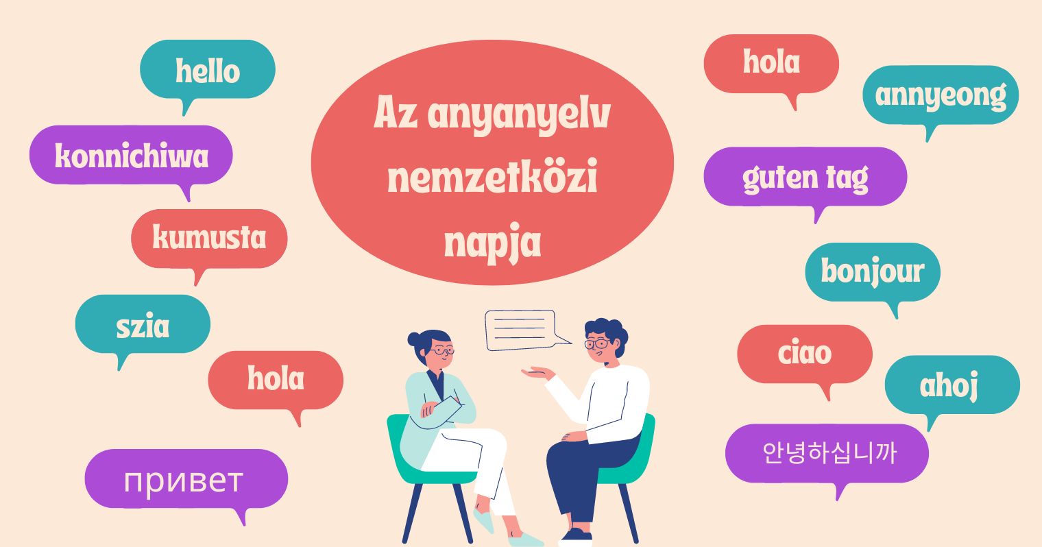 Két ülő alak grafikája, körülöttük különféle nyelvek köszönései és a cikk címe: Az anyanyelv nemzetközi napja.
