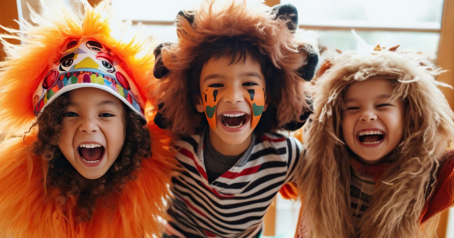 vidám gyerekek jelmezben farsang