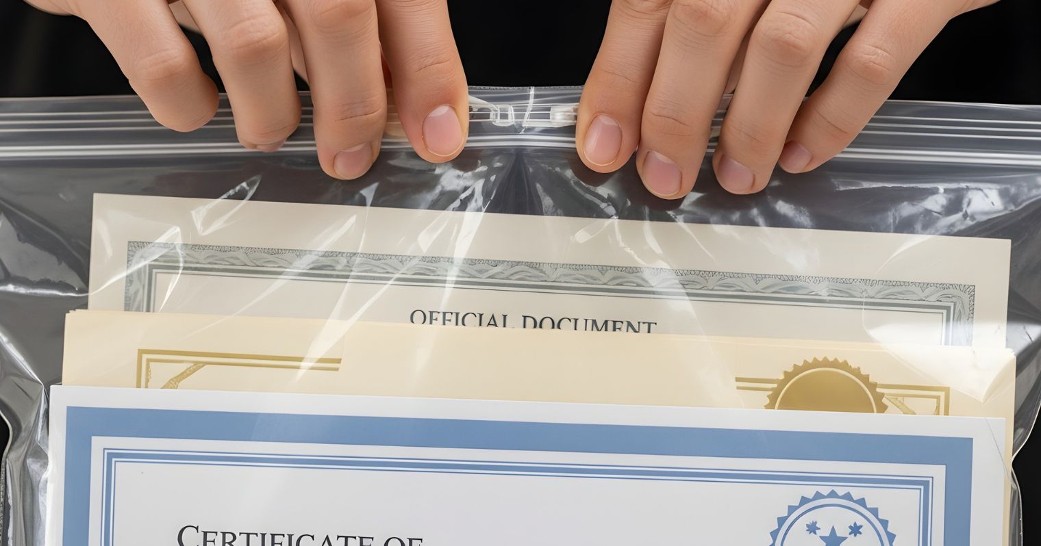 fiatal férfi bizonyítványokkal teli zacskót tart a kezében